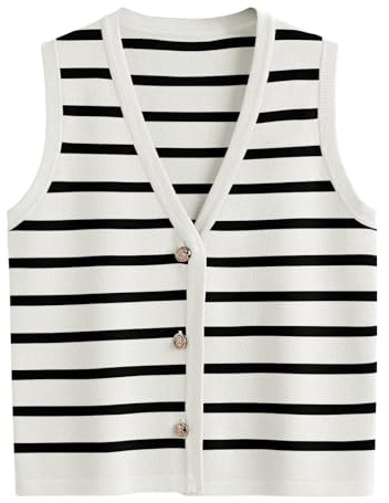 LILLUSORY Vest Tops for Women 2026 Spring Striped Sweaters Button Up Summer Business Casual Outfits Womens Blouses Jackets Fashion Clothes Sleeveless V Neck Tops White Black S