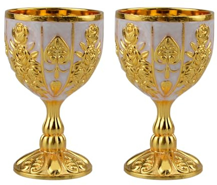 2Pcs Vintage Chalice Medieval Goblet, 30Ml Brass Royal Wine Glass Cups Medieval for Wedding Anniversary, Gold Goblet Cups for Renaissance Gifts Novelty Ceremonial Catholic Church Baptism Holy (White)