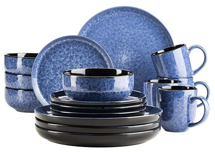 MÄSER 934109 Série Filippa Service de table en céramique pour 4 personnes, ensemble de vaisselle combinée moderne de 16 pièces ; assiettes, bols et gobelets avec vernis réactif en bleu et noir, grès,