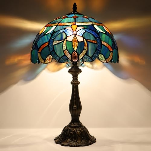 LXHCYOU Tiffany Lamp Table Lamp Bedside Reading Light W12H19 Inches (Blue Baroque Style)