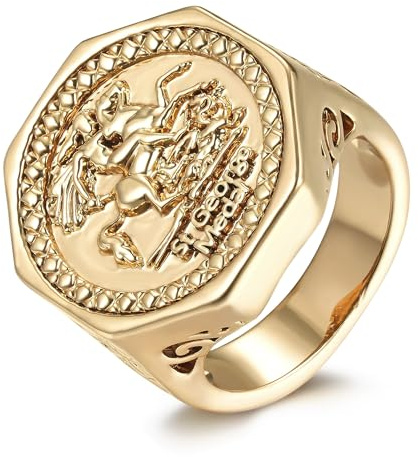 Bling King London Gold Hexagon Dragon Slayer Sovereign Ring for Men, Size X