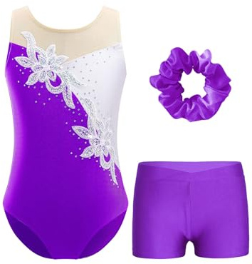 Hedmy Maillot Brillante de Danza para Niñas Body sin Mangas con Leggings Cortos y Diadema Traje de Gimnasia Deportiva Disfraz de Bailarina Morado 5-6 años