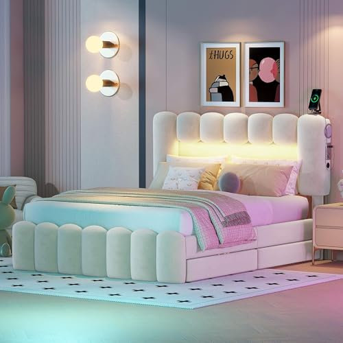 BLPZFTN Polsterbett Stauraumbett 140x200 cm mit Schubladen und Lattenrost, Doppelbett mit Verstellbares Kopfteil und Stauraum, Bett für Schlafzimmer und Gästezimmer, Samt, Beige