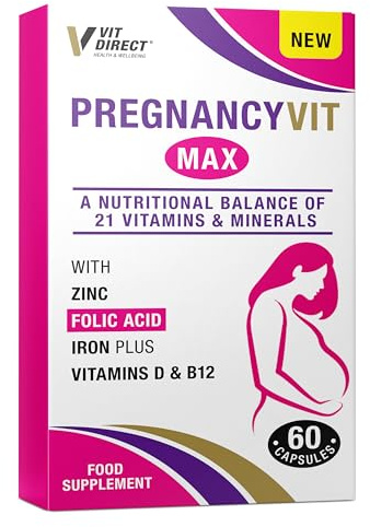 Vit Direct - Pregnancy VIT Max Capsules - 60 Capsules - with Zinc, Folic Acid, Iron, Vitamin D & B12 - Contains 21 Vitamins & Minerals - Pregnancy Vitamins for Women - Reduces Tiredness & Fatigue