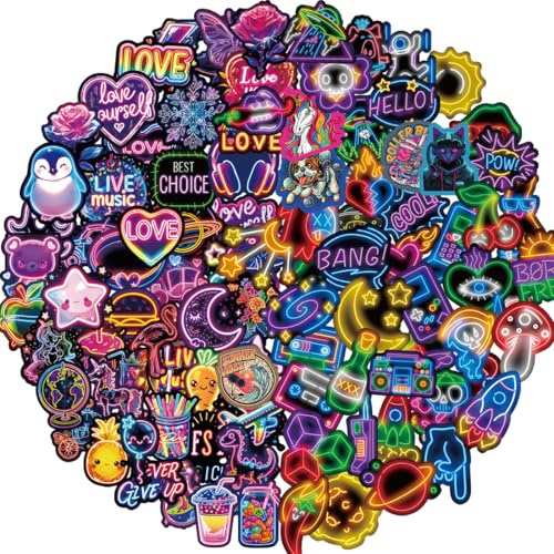 Juego de Pegatinas de Neón Divertidas - 100 Vinilos Impermeables para Portátil, Teléfono Móvil, Scrapbook, Monopatín, Botella de Agua, Diario, Kindle