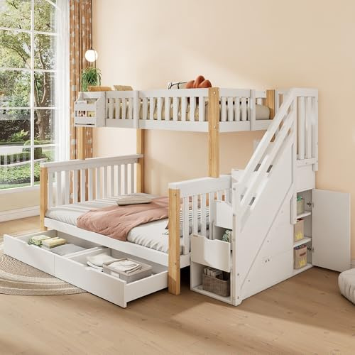 KecDuey Letto a castello per bambini, 90 x 200 cm, letto inferiore 140 x 200 cm, letto matrimoniale, multifunzionale con cestino, con cassetto, armadio per scale, senza materasso