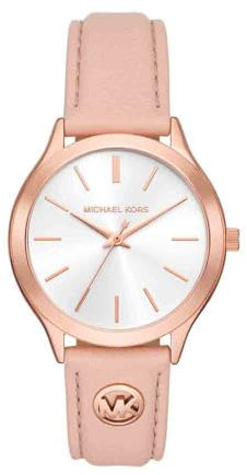 Michael Kors Slim Runway Watch for Women, 38mm Quartz Three Hand Movement with Leather Strap, Light Maroon, 38 mm