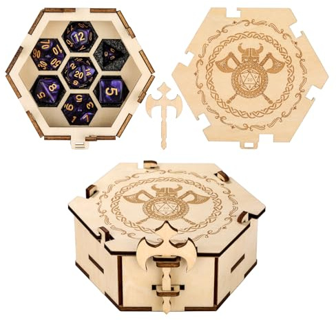 LKKCHER DESIGN D&D Dice Storage Box, 7pcs Polyhedral Dice, Board Game Storage Container, Wooden Hexagonal Viking Dice Box with Warhammer, RPG Game Bundle, Tabletop Gaming Accessories, Gifts for Gamer