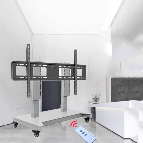 Mobile TV Cart with Wheels - Motorized LCD TV Stand Height Adjustable Electric Lift Mount 52-100 Inch Screen Compatibility 4-Step Memory Function Stylish Silver Grey