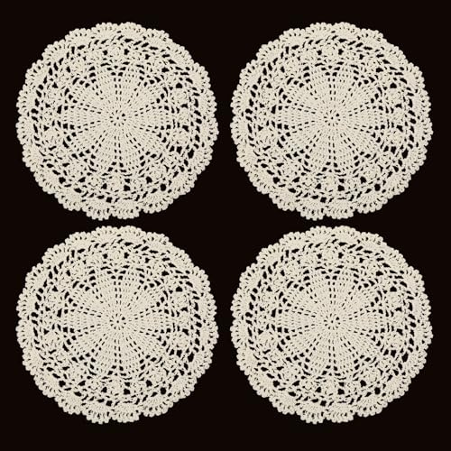 4 Pcs Crochet Doilies for Tables, 10 Inch Vintage Doilies for Furniture Round Cotton Placemats Knitted Tablecloth Corrugated Edge Place Mats for Kitchen Dining Room Wedding Decor (Beige)