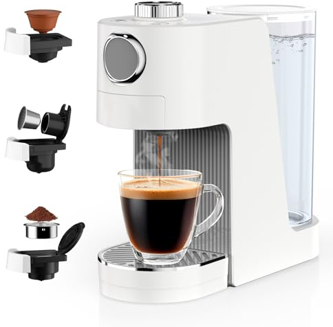 Bostar 3 in 1 Kaffeemaschine 7 Einstellbare Stufen für Wassermenge&Temperatur, 20 Bar Kapselmaschine mit 1,4 L Wassertank für Espresso Caffè, Kompatibel mit Kapseln&Gemahlen (Weiß)