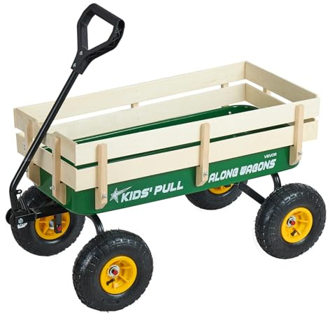 VEVOR Carro de Playa con Ruedas 102 x 53 x 52 cm, Carga 150 kg, Acero Carbono Madera, Resistente al Clima Óxido y Agua, Carrito Todo Terreno Verde Amarillo con Asa para Niños Camping Jardín Exteriores