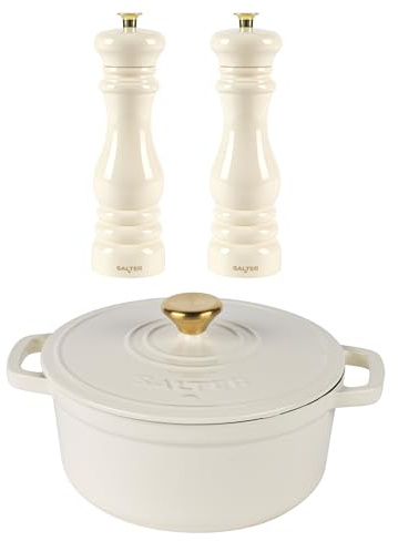 Salter Chester Cream Casserole Pot & Mill Set – 24cm Cast Iron Dutch Oven/Stock Pot with Adjustable Ceramic Salt & Pepper Grinders, Enamel Coated, Induction & Oven Safe, PFAS-Free, High Gloss Acrylic
