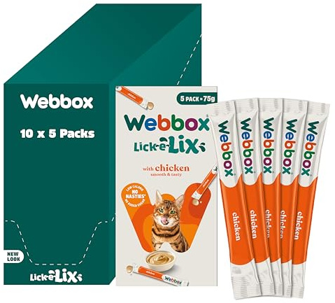 Webbox Lick-e-Lix Cat Treats, Chicken - Kitten Friendly, Grain and Gluten Free, No Artificial Preservatives or Colours (10 x 5 Packs)