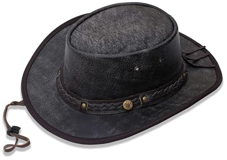 wombat leather Cowboy Hat for Men, Distressed Dark Brown | Full Grain Leather Western Hat, UV50+ Sun Protection, Water Resistant, Foldable & Packable Outback Bush Hat