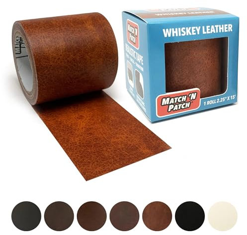 MATCH 'N PATCH Leather Repair Tape - Realistic Printed Leather Pattern for Vinyl, & Synthetic Repairs, Conceal Rips, Scratches, and Tears, for Furniture Fix, Crafts, & DIY, 15 ft x 2.25 Roll, Whiskey