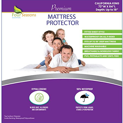 California King Size Waterproof Mattress Protector - Fitted Sheet Style Mattress Cover - Hypoallergenic, Breathable, Noiseless, Protects Against Dust, Allergens