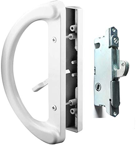 Patio Door Handle Set + Mortise Lock 45° Perfect Replacement for Sliding Glass Door Fits 3-15/16” Screw Hole Spacing, Non-keyed with Latch Locks,White Diecast,Reversible Design(Non-Handed)