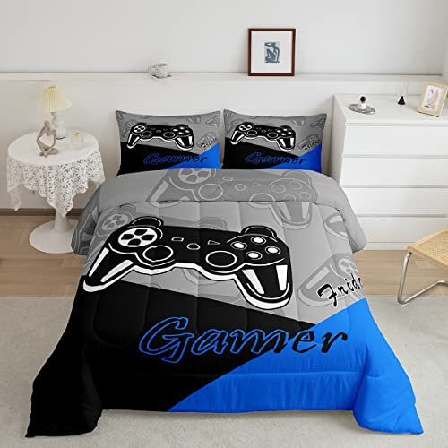 Loussiesd Gaming Comforter for Boys Teen Video Game Bedding Set for Kids Gamer Duvet Set for All Season Gamepad Home Decor for Single,1 Comforter Set with 1 Pillowcase Blue Black Grey
