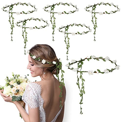 6 Stück Blumen Krone Frauen Hochzeit Blumen Haar Girlande Boho Blumenkranz Blumen Braut Kopfschmuck Grün Krone Verstellbare Blumengirlande Stirnbänder für Hochzeit Zeremonie Party Urlaub