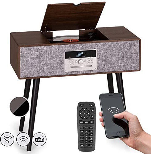 Auna Platine Vinyle Bluetooth, Tourne Disque CD, USB, DAB+, FM Radio Avec Haut-Parleur, Tourne-Disques Audio 33 Tours, Chaîne HiFi, Lecteur Vinyles, Télécommande