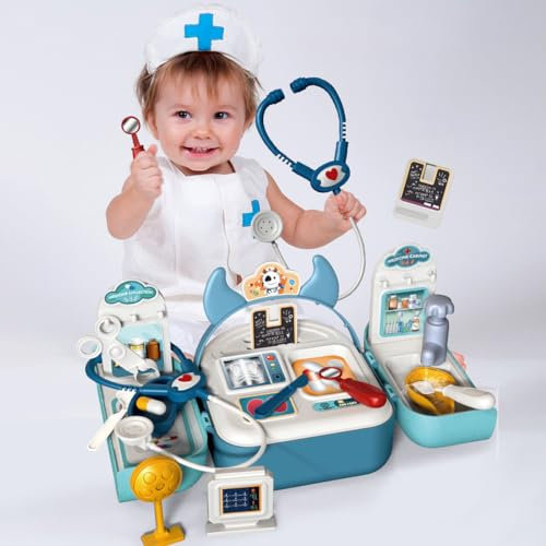 Coo11 Kids Doctors Set Backpack Design Pretend Doctor Kit Toys Pretend Play Doctor Medical Playset, Play Kit Stethoscope Sink & Doctor Accessories Educational Learning Role Toys for 3 Year Old Boys