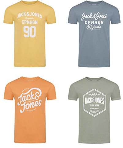 JACK & JONES Tshirt Herren Regular Fit JJLINO 4er Pack Set Pack Rundhals Kurzarm Sommer Tee Shirt Print, Größe:L, Farbe:Pack 4