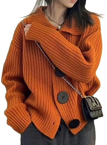 TEidea Women's Jumpers Women's Jumpers Loose Big Button Knit Cardigan Ladies Sweater Warm Autumn Winter Coat-Orange-One Size