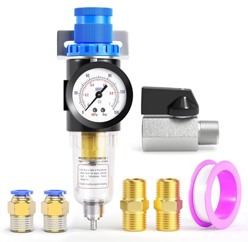 TAILONZ PNEUMATIC 1/4 Inch BSP AFR2000 Air Filter Pressure Regulator Kit（0 to 1 MPA）5 Micron Brass Element Air Tool Compressor Filter with Gauge