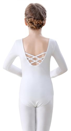 FONLAM Justaucorps Ballet Danse Fille Justaucorps Gymnastique Manches Longues Vêtements Ballet Fille Coton (Blanc, 4-5 Ans)