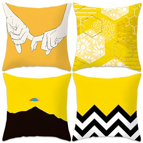Betadistor Yellow Cushion Covers 18x18 Inches Soft Throw Pillow Covers 45cm x 45cm Hand in Hand Print Polyester for Sofa Bedroom Set of 4pcs, Yellow, 506-0110