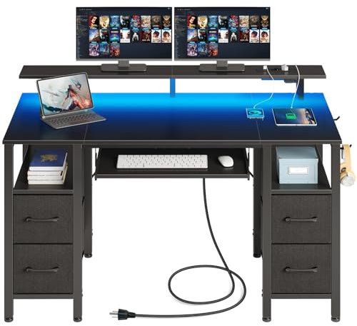 Rolanstar Gaming Tisch mit Steckdose, 120x47cm Schreibtisch mit Schubladen, LED & Monitorständer, Computertisch mit Tastaturablage, Gaming Schreibtisch für Home Office, Büro, Wohnzimmer, Schwarz
