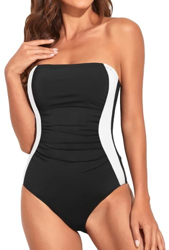 Holipick Women Tummy Control One Piece Swimsuits Strapless Bandeau Bathing Suits Slimming Halter Swimwear, Black White Color Block, XXL