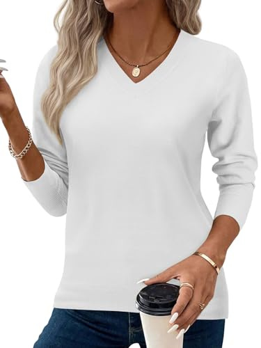 Yutdeng Sweaters for Women UK Long Sleeve V Neck Tops Ladies Cashmere Jumpers Soft Warm Pullover Knitted Sweatshirt Loose Casual Plain Jumpers for Winter Fall Spring,White,XL