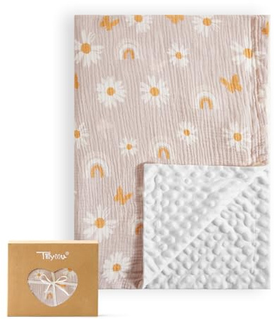 TILLYOU Babydecke Baumwolle 75x100 cm Doppelseitig Kinderdecke Musselin Decke Baby Krabbeldecke für Neugeborene, Rosa Schmetterling