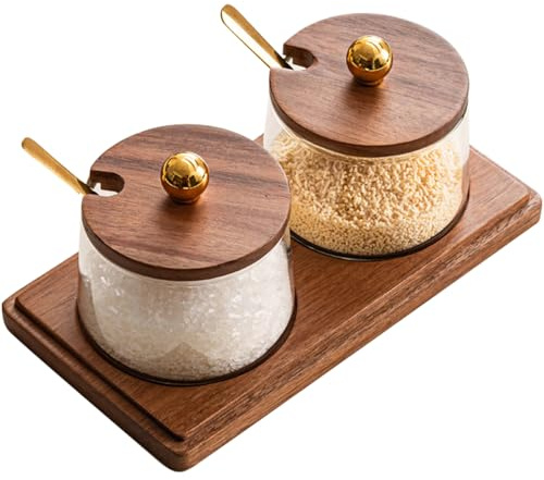 Condiment Containers Set with Acacia Wood Lids and Tray Seasoning Box Condiment Pots Jars with Spoons for Spice Salt Sugar Cruet (Gold Top, 2 Jars with Tray)