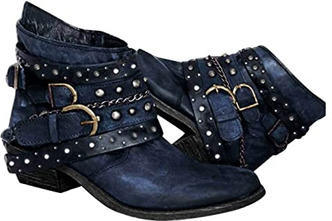 Generisch 2025 Bottines tendance pour femme - Talons épais - Respirantes - Fermeture éclair haute - Rétro - Bottes courtes pour femme, bleu, 39 EU