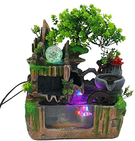 Ornamento da giardino in pietra con diffusore di nebbia, fontana da interni, decorazione da tavolo, bonsai con luci a LED che cambiano colore, giardino in pietra e laghetto