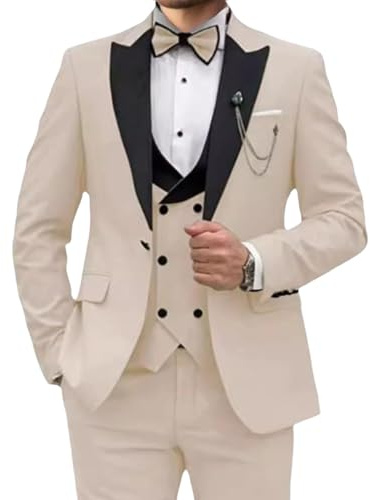 Costume Trois pièces pour Homme, Coupe ajustée, Revers Pointus, Smoking à Un Bouton, Veste, Gilet, Pantalon, Grande Taille, Beige, idéal pour Mariage ou Bal de Promo, Taille 7XL