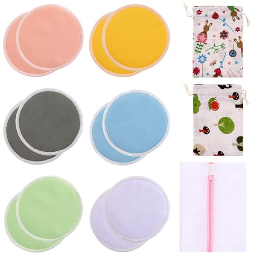 12 pcs (6 Pairs) Nursing Pads Set Nursing Pads Washable Organic Bamboo Nursing Pads Reusable Nursing Pads Washable Soft Absorbent Nursing Pads with 1 Laundry Bag and 2 Organza Bags