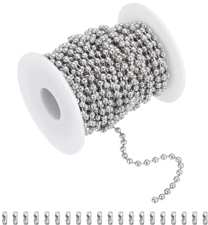 sourcing map Catena a sfere da 10 m, in acciaio inossidabile, rotolo con 20 connettori per appendere ornamenti, targhette per cani, portachiavi, decorazioni natalizie (argento, diametro esterno 4 mm)