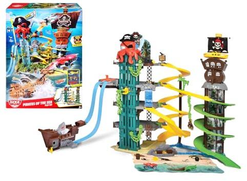 Dickie Toys – Pirates of the Sea Playset – 5 nivåer parkeringsgarage för barn från 3 år, med ljus och ljud, skyttefunktion, dubbel racing, hajbit, hoppramp, fängelse, inkl. 3 die-gjutbilar