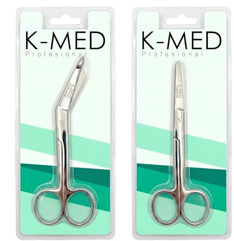 Pack 2 Tijeras K-MED Profesional de Vendaje Mayo y Pico Pato, Acero Inoxidable, Punta Roma, 14,5 cm, ideal para Enfermera, primeros auxilios, ATS, DUE, Médico, Botiquin
