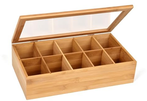 GRÄWE Teebox aus Bambus mit 10 Fächern, klappbarer Deckel, Sichtfenster, Teebeutelbox für aromageschützte Aufbewahrung von Tee - 36 x 20 x 9 cm
