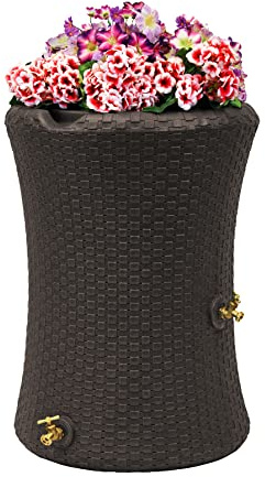 Good Ideas Impressions 50 Gallon Nantucket Outdoor Home Rain Barrel Water Storage Collector with Garden Planter and Brass Spigot, Dark Brown