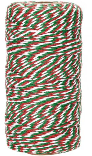 G2PLUS Red Green White Gift Wrapping String: 2mm Cotton Twine for Christmas Craft, Festive Wrapping, Holiday DIY and Decoration, 100M