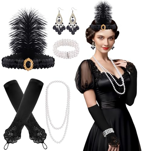 FEPITO 8 Pcs 1920s Accessories Set Flapper Headband Necklace Earrings Long Black Gloves Boa Great Gatsby Theme Party Accessories for Women（Set E）