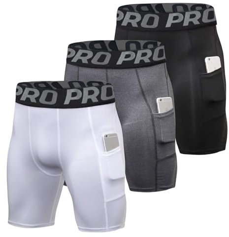 YUSHOW Pack de 3 Mallas Cortas Running Hombre, Pantalones de Compresión con 2 Bolsillos para Móvil, Secado Rápido y Alta Elasticidad, Ropa Interior Deportiva para Gym y Fútbol