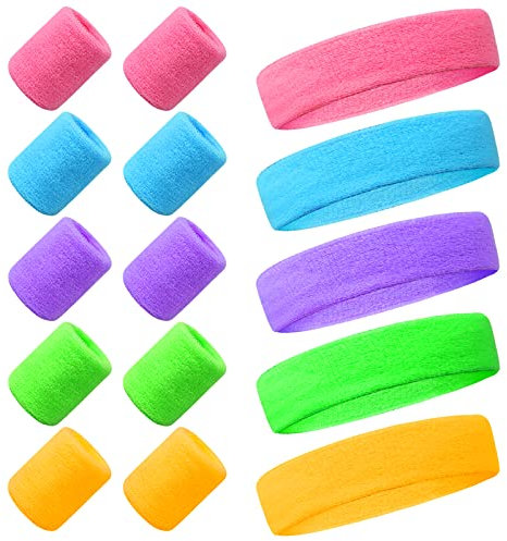 Ensemble Bandeau et Serre-Poignets, 15Pcs Bandeaux Sport Fluo, 5Pcs Bandeau Sport et 5 Paires Serre Poignet Fluo, Bandeau Année 80 et 90 Rétro pour Carnaval Soirée(5 Couleurs) Multicolores