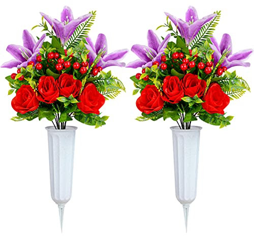 XONOR Künstliche Friedhof Blumen für Grab, 2er Set Kunstblumen Blumenstrauß Gedenkblumen mit Vase für Outdoor Friedhof Grabsteine Friedhof Grabstein Dekoration (Lila Lilie&Rote Rose)